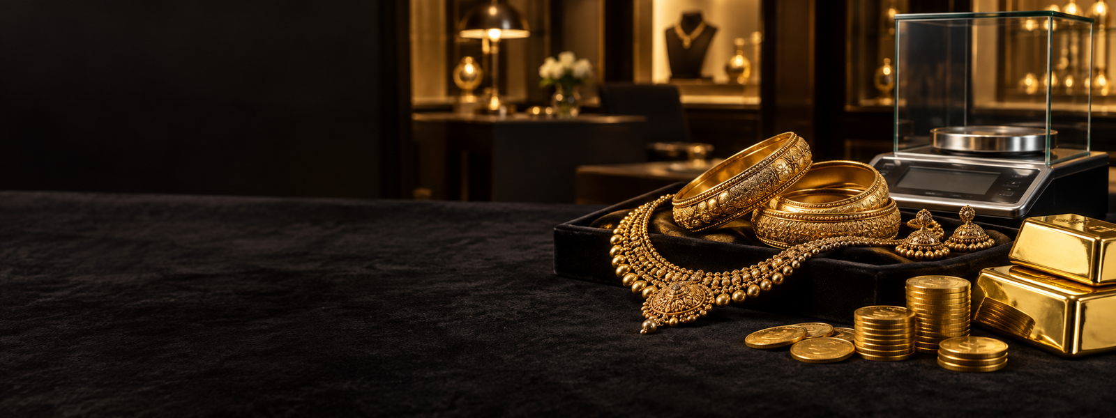 Premium gold jewellery and weighing scale in an evaluation room